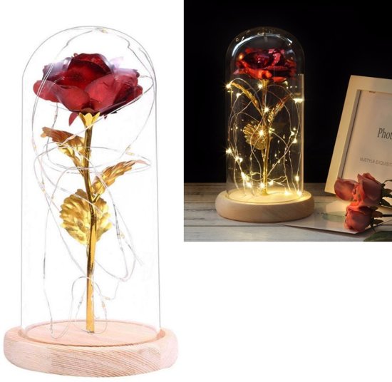 Gouden Roos in glazen stolp met LED