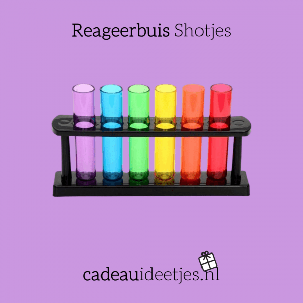 Reageerbuis shotjes in de kleuren paars, blauw,groen,geel,oranje en rood
