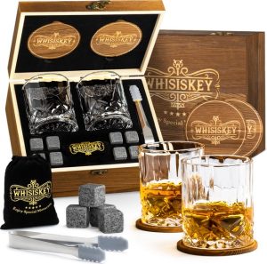 Luxe Whiskey Set, Incl. 2 Whiskey Glazen, 8 Whiskey Stones, 2 Onderzetters, Fluwelen Opbergzak, Opbergbox